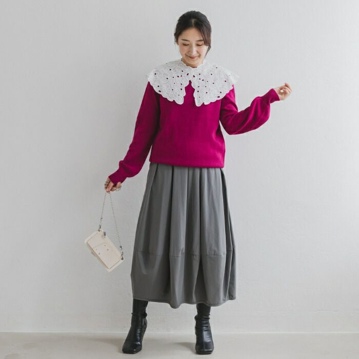 日本 ihuu - 大蕾絲領明亮針織長袖上衣(領可拆)-玫紅