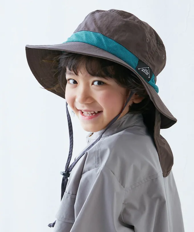 日本 devirock - UVcut 防潑水蓋脖遮陽帽(可親子裝)-冰霧藍x橘