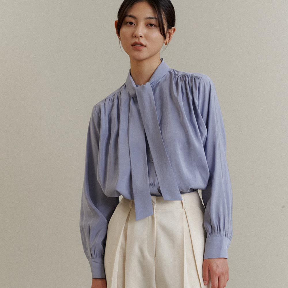 韓國女裝連線 - 緞帶領裝飾抓褶長袖襯衫-藍紫 (FREE)