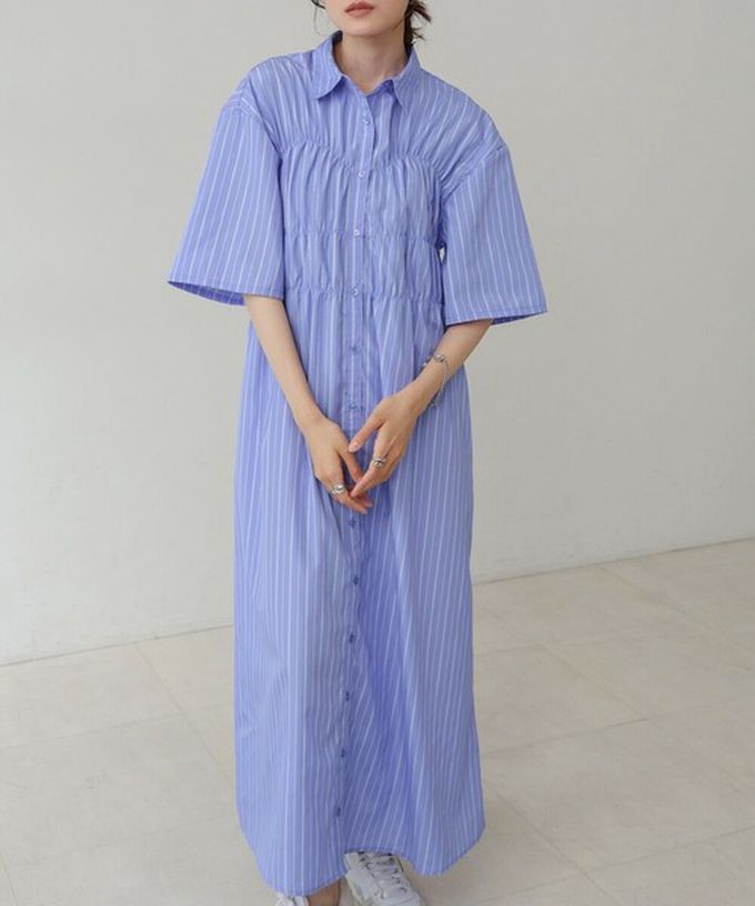 日本 Bab - 時尚抓皺襯衫式五分袖洋裝-條紋-藍