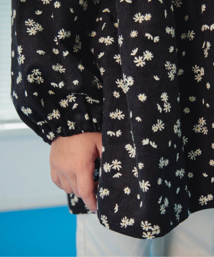 日本 BREEZE - 華美異素材拼接傘狀長袖洋裝-炭黑小花