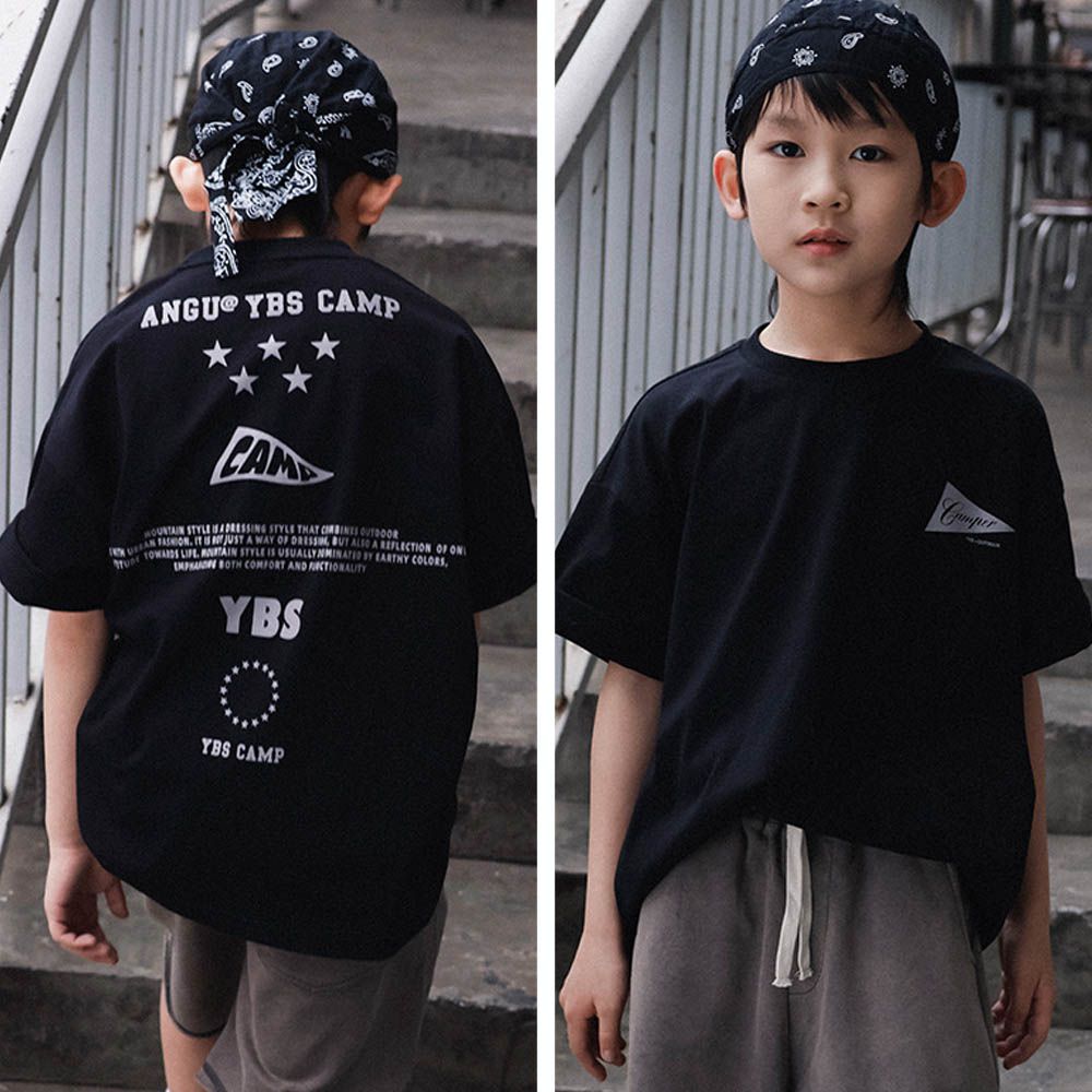 純棉圓領短袖上衣-星星字母-黑色