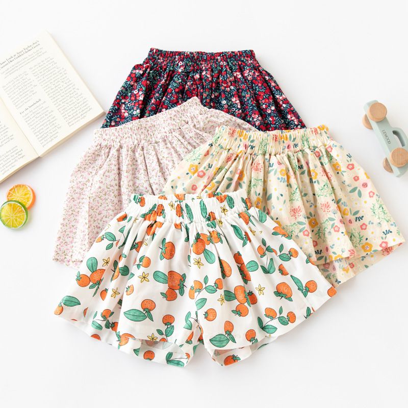 FANMOU - 99%棉腰鬆緊印花短褲-碎花-卡其色