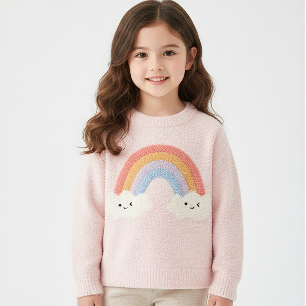 珊瑚絨針織長袖上衣-彩虹-粉色