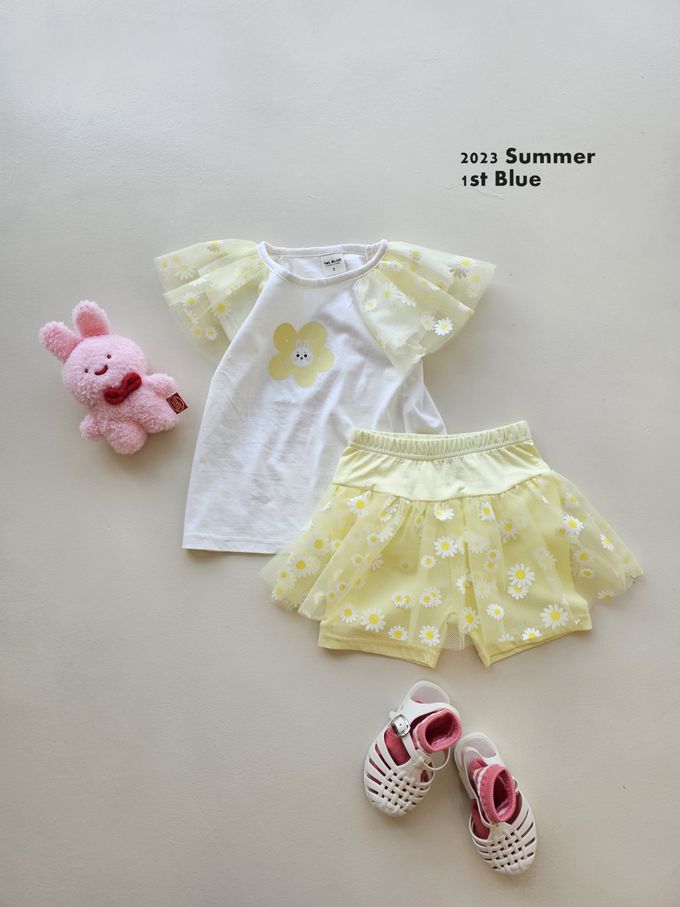 韓國 First Blue - 花花兔印紗拼接短袖上衣-淺紫