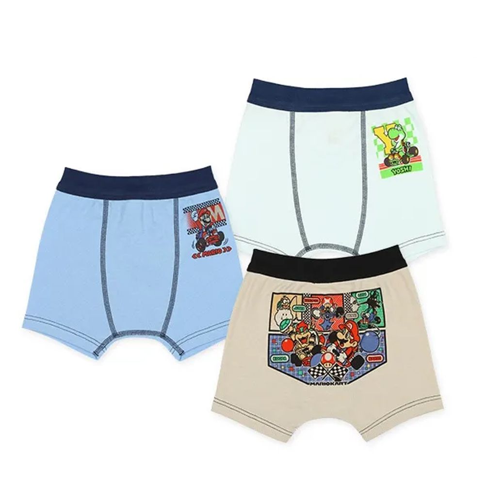 前開式男孩四角內褲(3件組)-瑪利歐印花-藍卡其系