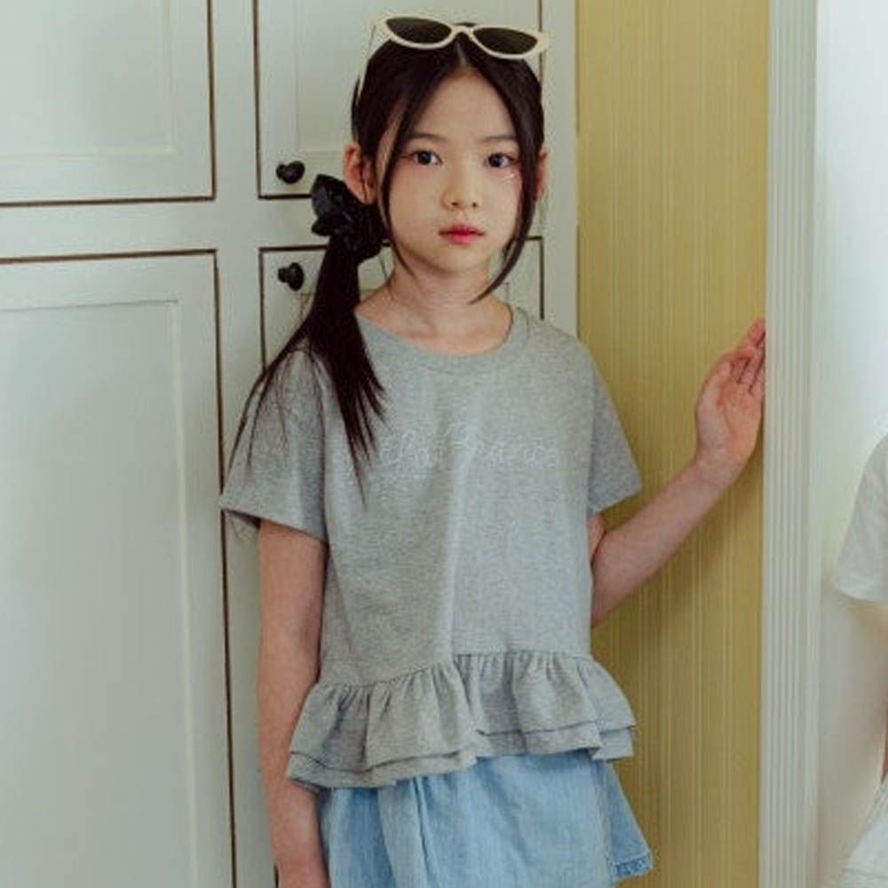 水鑽文字層次荷葉拼接上衣-淺灰