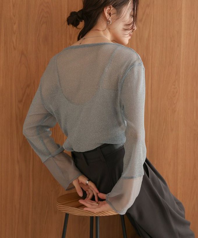 日本 Bab - 亮麗光澤歐根紗拼接透膚薄長袖上衣-淺卡其