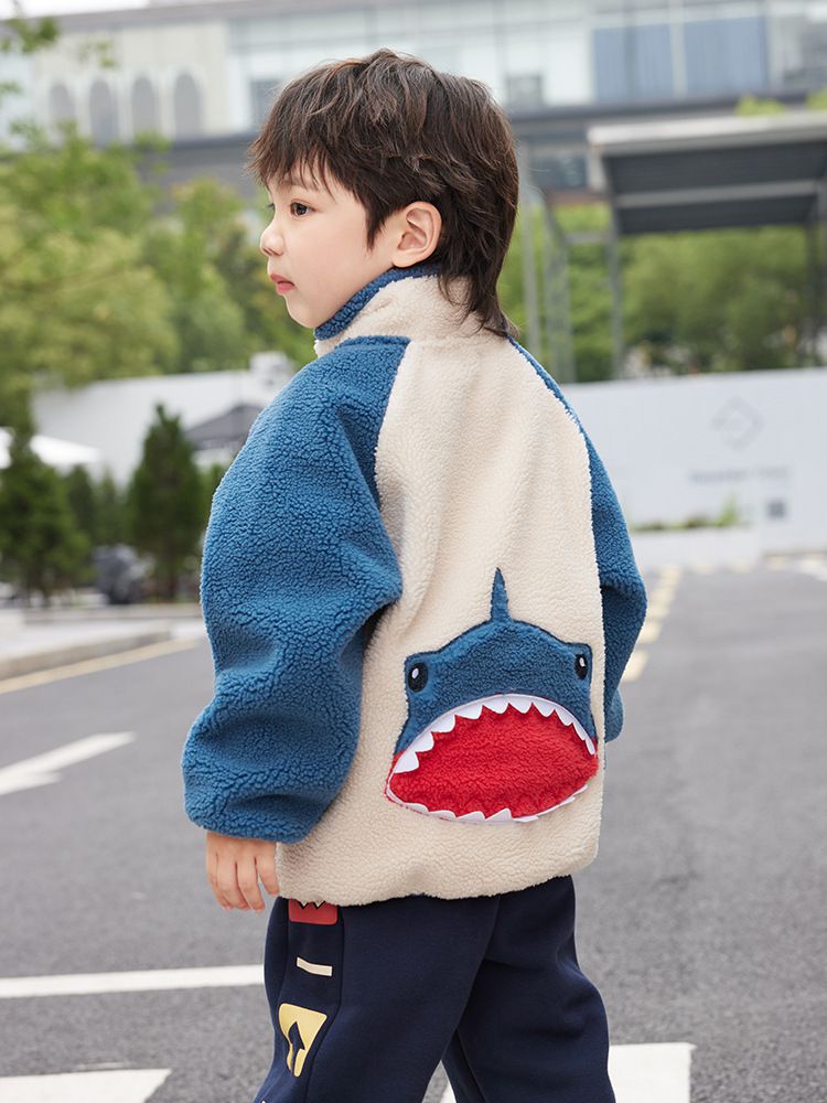 羊羔絨兒童保暖外套-鯊魚-咖啡色