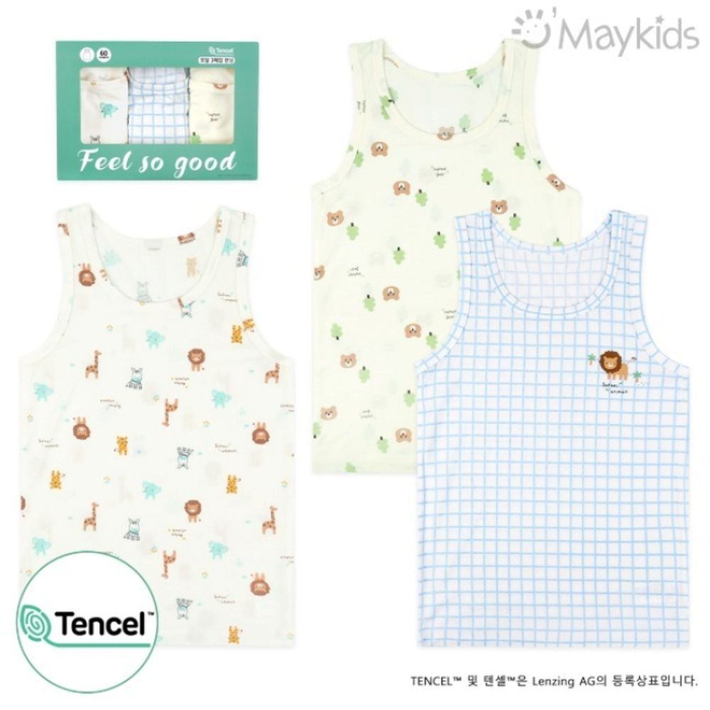 (3入組)男寶天絲莫代爾透氣背心-格紋萌萌動物-米白X米黃X藍