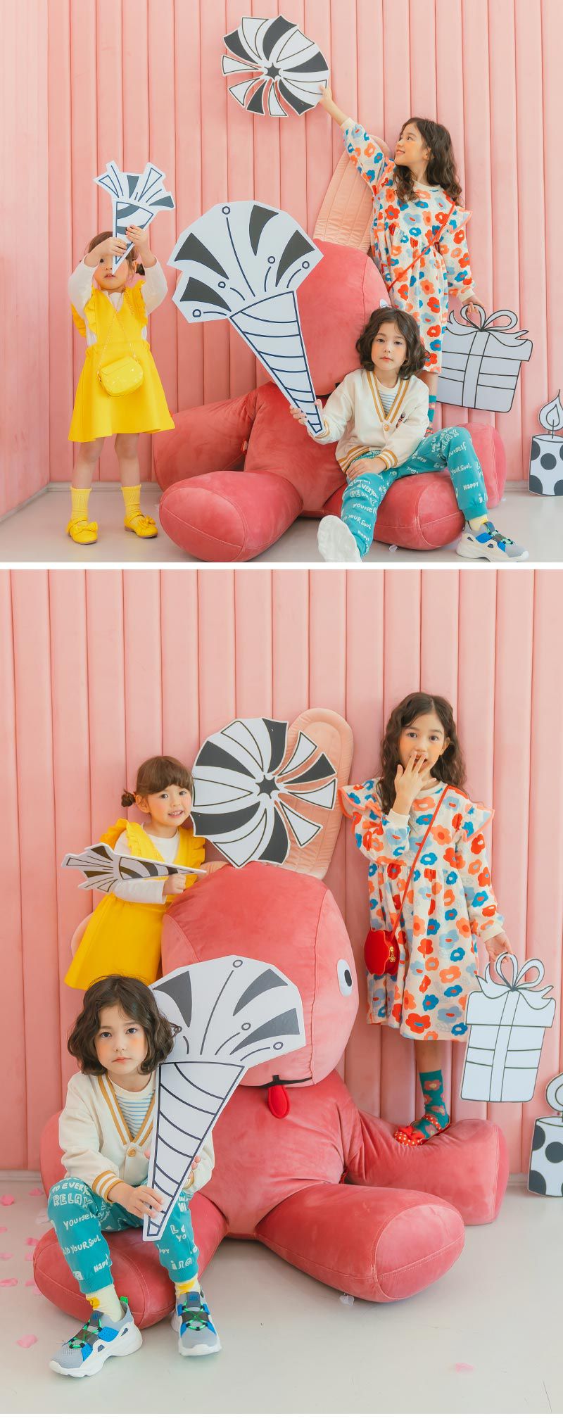 韓國 OZKIZ - (附包包)可愛花朵長袖抓腰洋裝