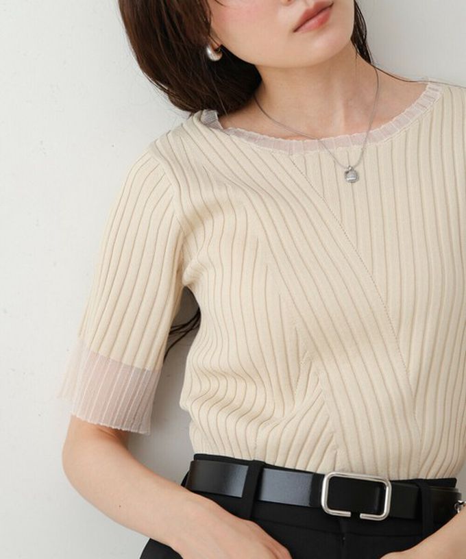 日本 Bab - 柔美異材質顯瘦羅紋五分袖上衣-炭灰