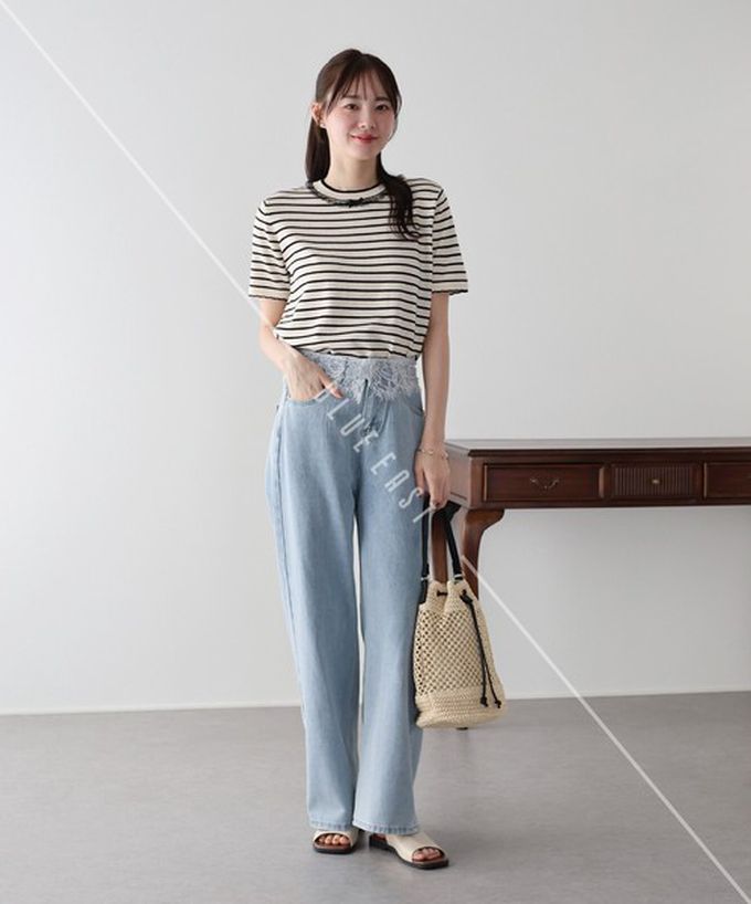 日本 BLUE EAST - 蕾絲蝴蝶結領條紋針織短袖上衣-海軍藍