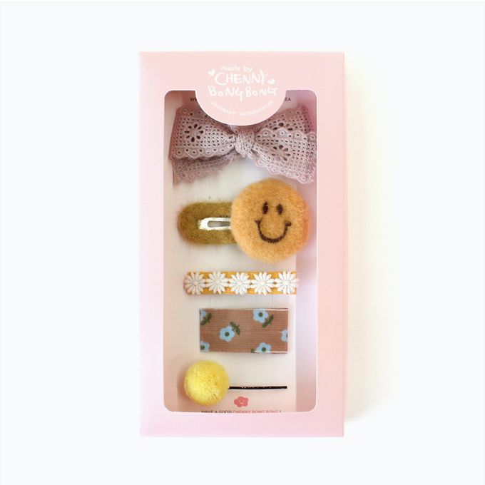 韓國 Chenny Bong Bong - 微笑臉蝴蝶結髮夾組合-黃-五入組