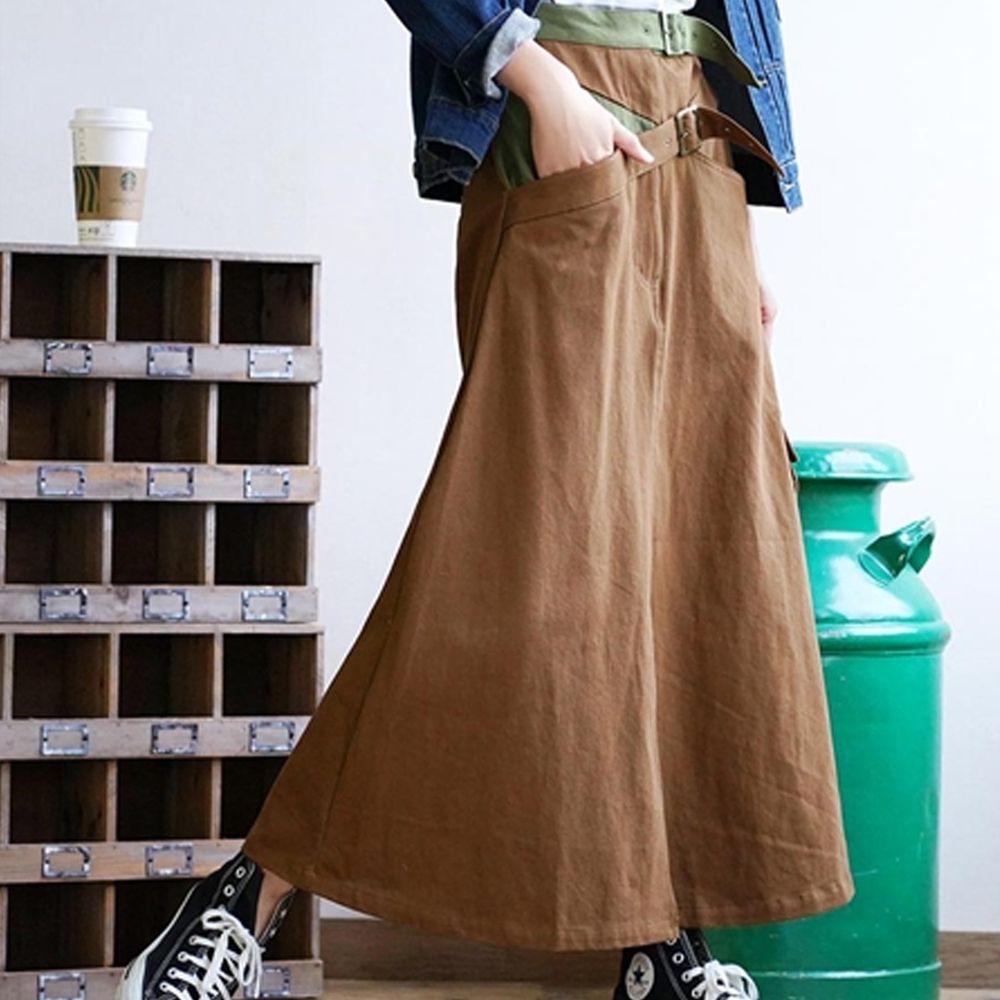日本 zootie - 設計感撞色腰帶長裙-咖啡X墨綠 (Free)