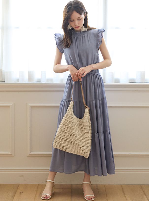 日本 GRL - 清新夏日收腰飛飛袖洋裝-星塵藍