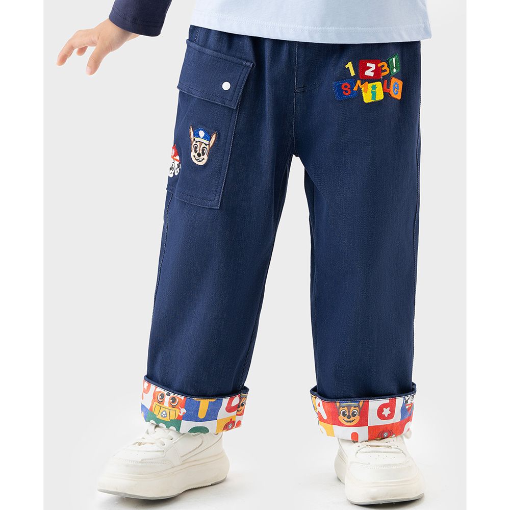 卡通汪汪隊大口袋直筒牛仔褲-刺繡-藍色