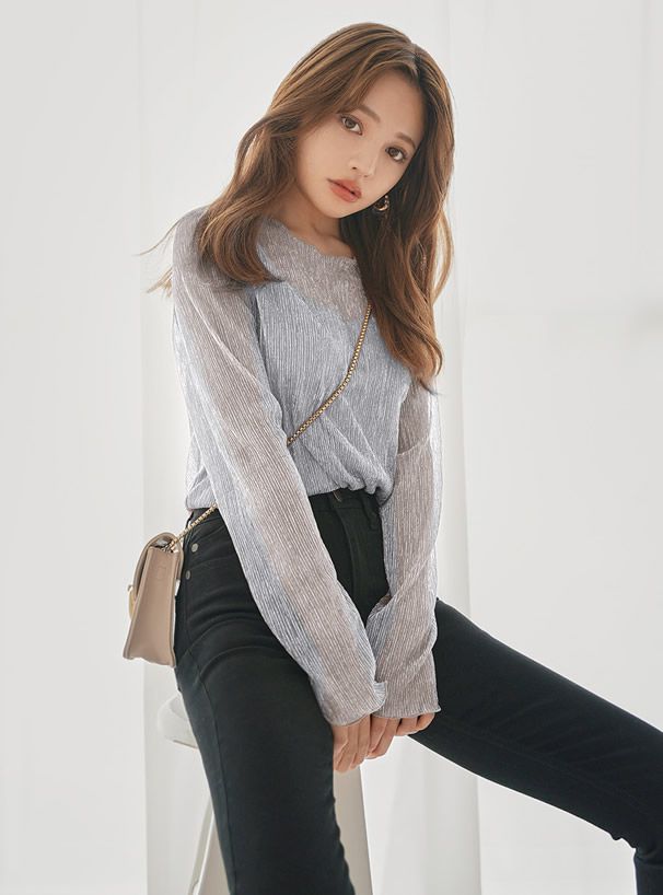 日本 GRL - 金蔥透膚捲邊上衣X細肩帶背心兩件組-星塵粉