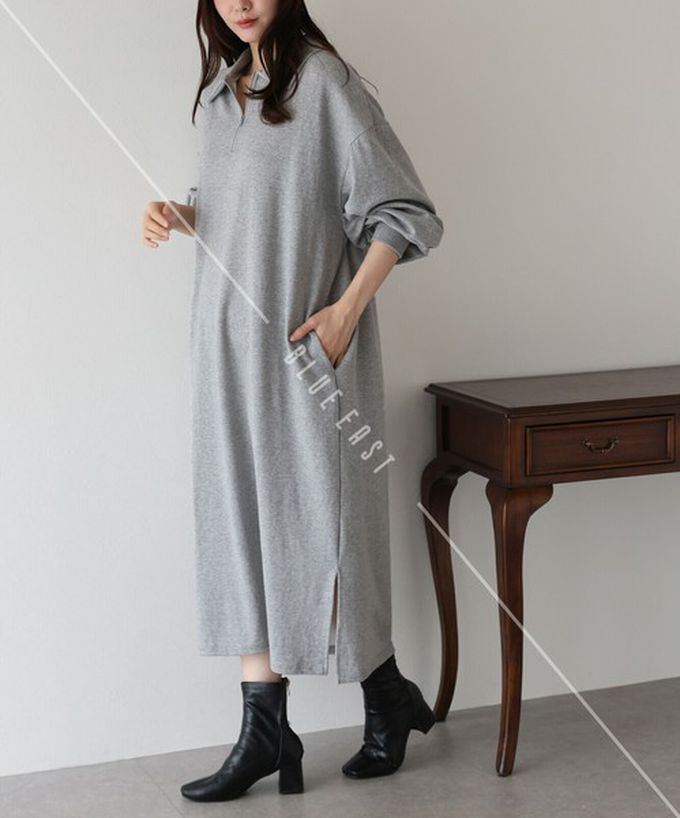 日本 BLUE EAST - 半拉鏈時尚休閒長袖洋裝-象牙白