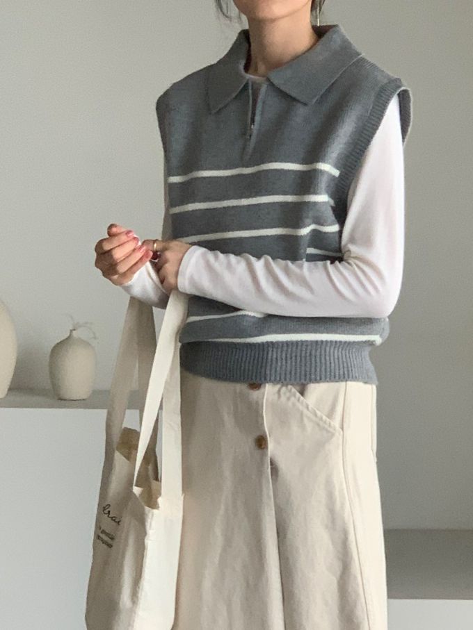 韓國女裝連線 - 拉鍊翻領條紋針織背心-灰 (FREE)