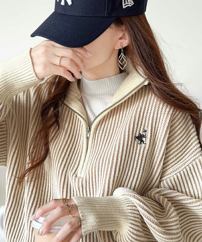 日本 Classical Elf - 半拉鍊線條感 logo刺繡配色針織衫-深藍x米