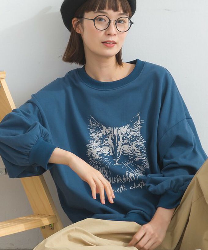 日本 Lupilien - 線條貓咪印花裏毛長袖上衣-藍