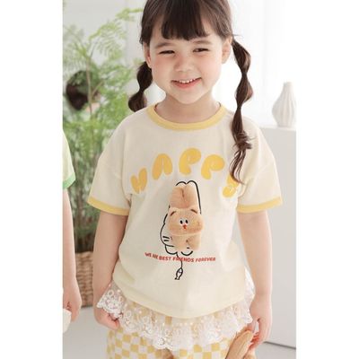 韓國 Coco rabbit - (附貓咪裝飾)貓咪捕魚短袖上衣-淡黃