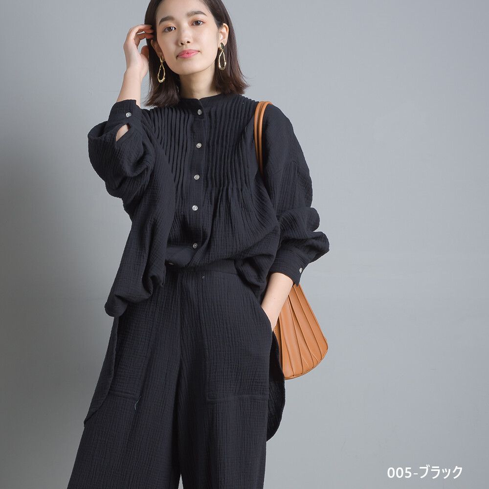 日本女裝代購 - 二重紗純棉風琴褶長袖上衣-黑