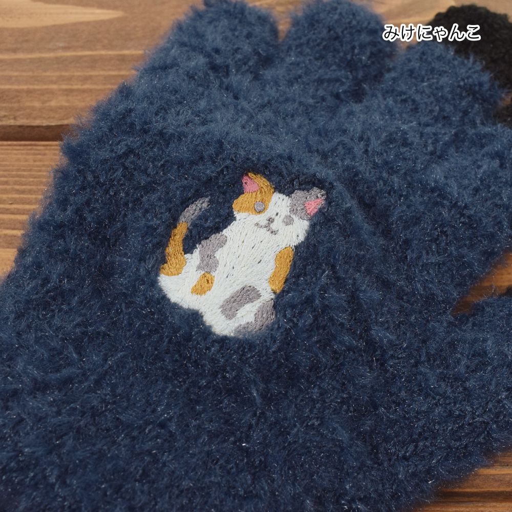 日本 TOMO - 兒童可觸控短絨保暖手套-小花貓-深藍