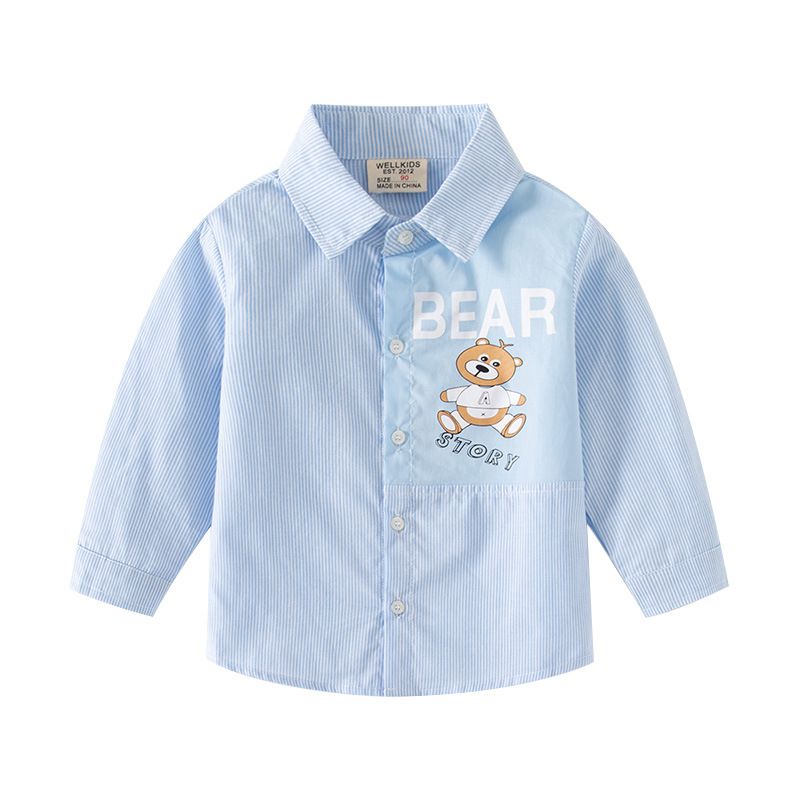 WELLKIDS - 童趣休閒條紋長袖襯衫-熊熊故事-紅色