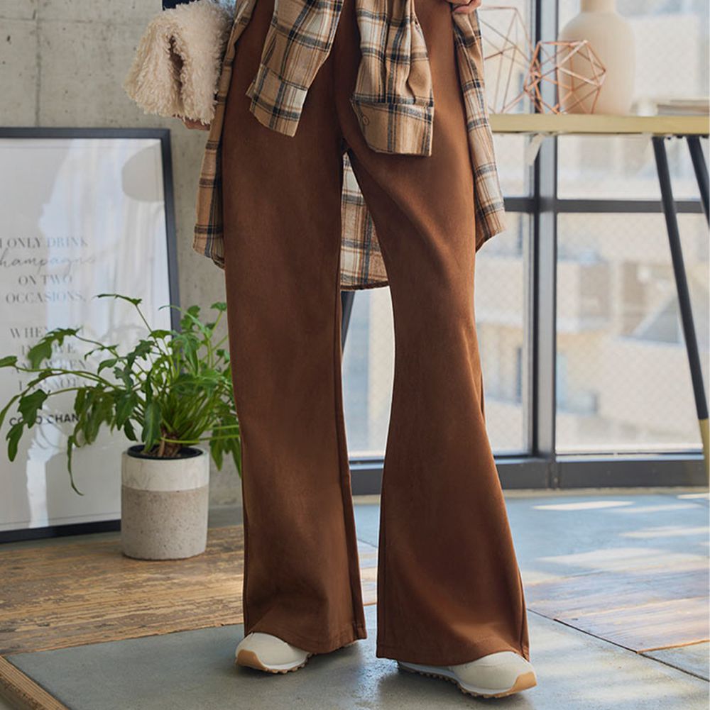 錯覺美腳 時尚麂皮絨修身寬褲-(可選長度)-深咖啡