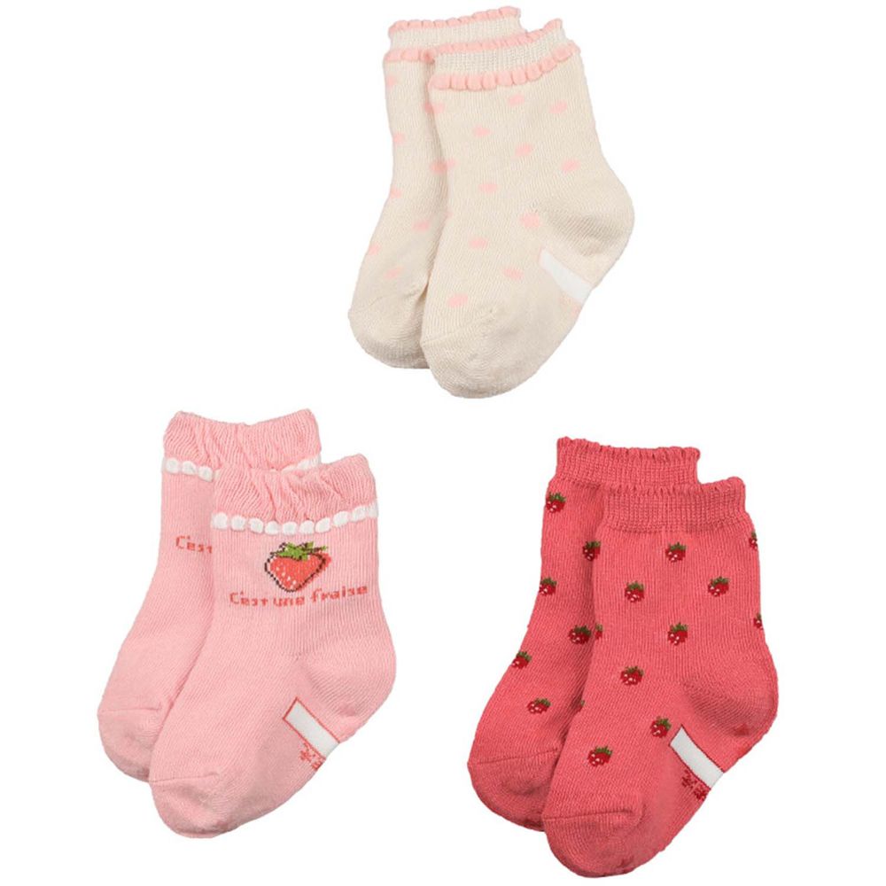 akachan honpo - 女襪3雙組-草莓-粉紅色 (9~14cm)