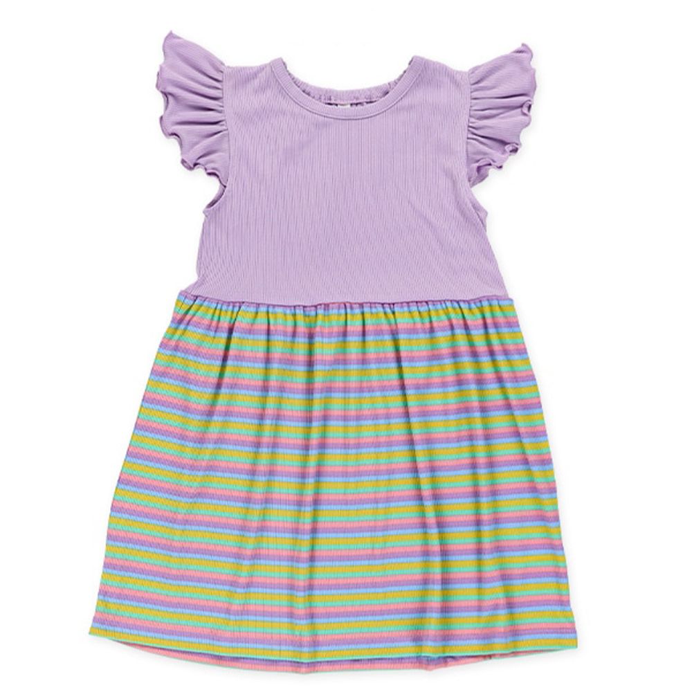 活力條紋皺摺荷葉短袖洋裝-薰衣草