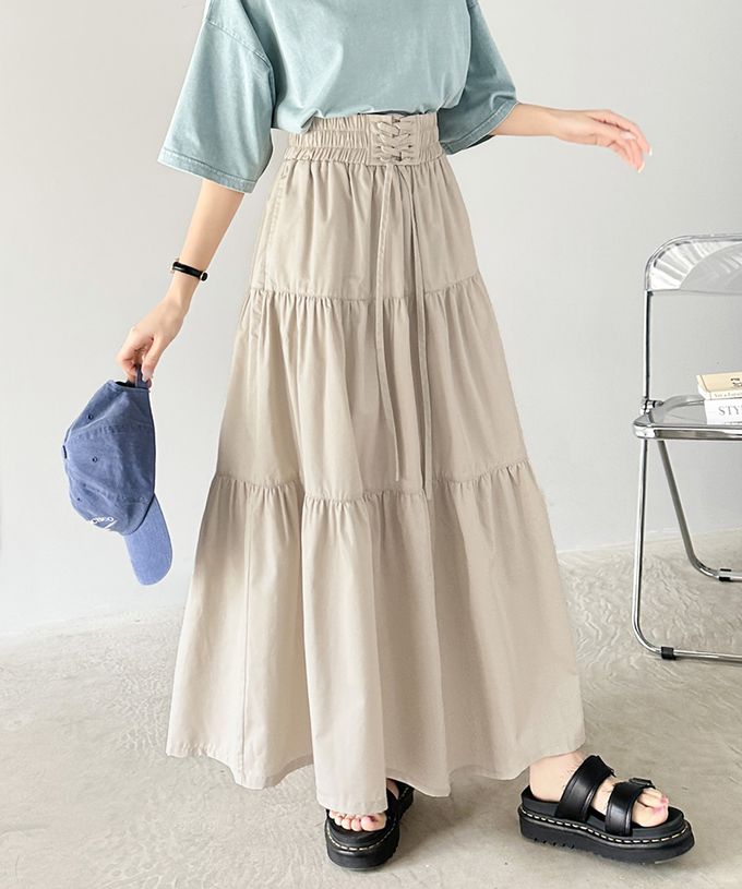 日本 Classical Elf - 古典優雅綁帶分層鬆緊長裙-黑