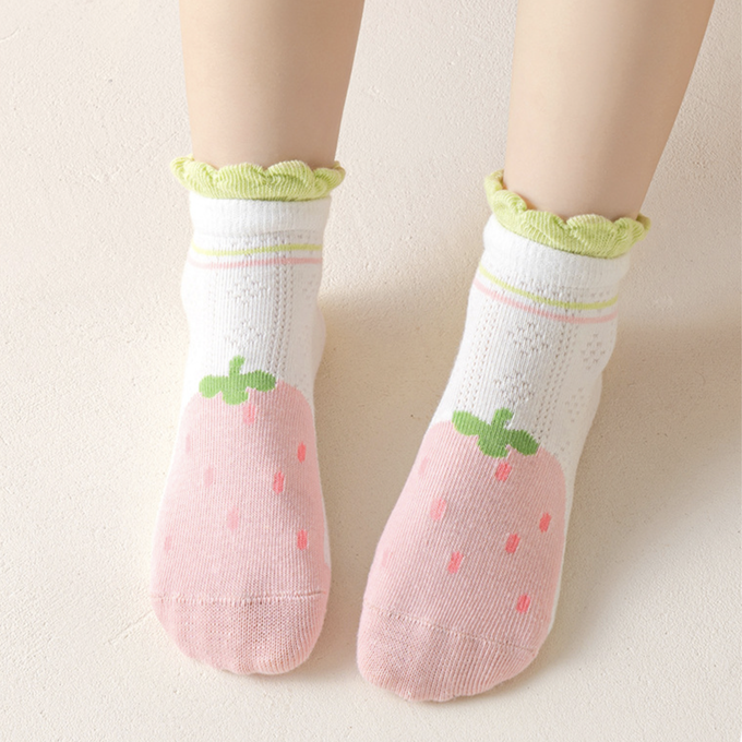 love, charlotte - 花邊可愛草莓粉色網眼短筒襪-5 雙一組