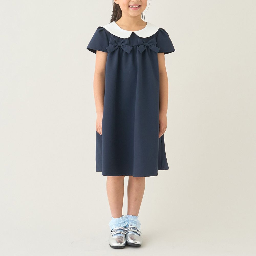 優雅正式感圓領胸前緞帶短袖洋裝-深藍