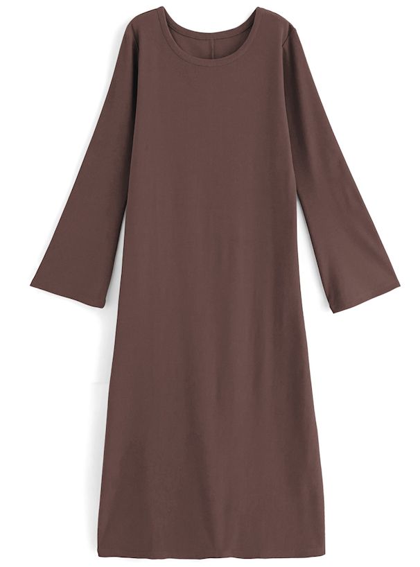 日本 GRL - 圓領素色百搭長袖洋裝-淺米杏