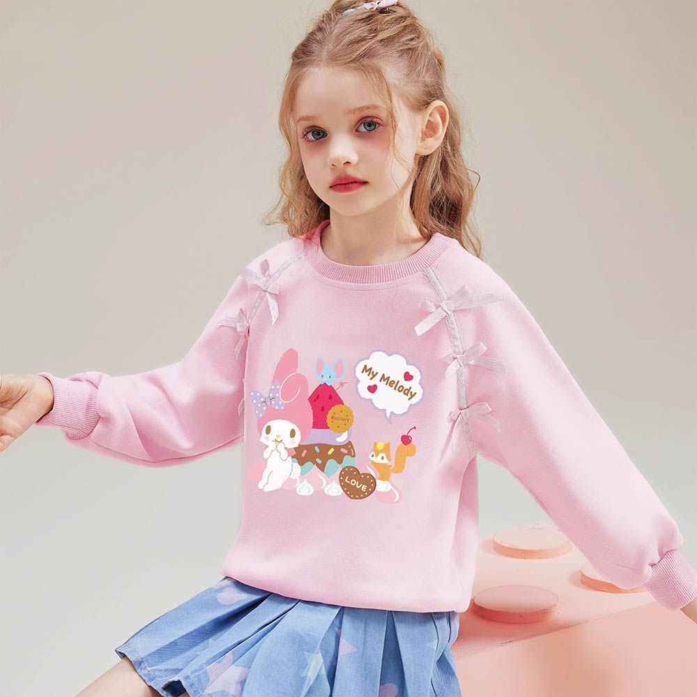 甜美蝴蝶結長袖上衣/大學T-卡通人物美樂蒂-粉色