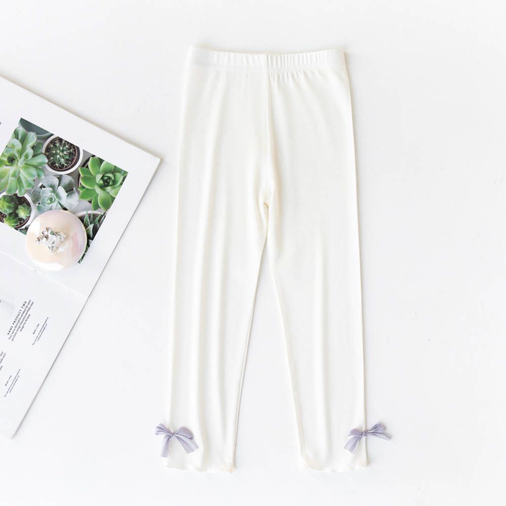 莫代爾透氣九分內搭褲-立體蝴蝶結-白色