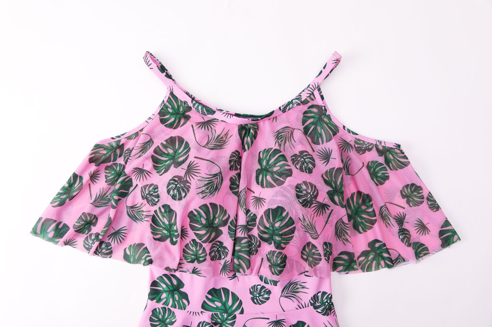 清新印花修身顯瘦遮肉連身裙泳裝-滿滿小葉子-綠+白