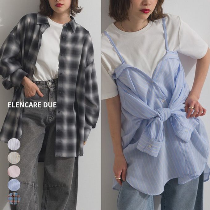 日本 ELENCARE DUE - 2way穿法輕盈透膚寬版薄襯衫-格紋-米棕系