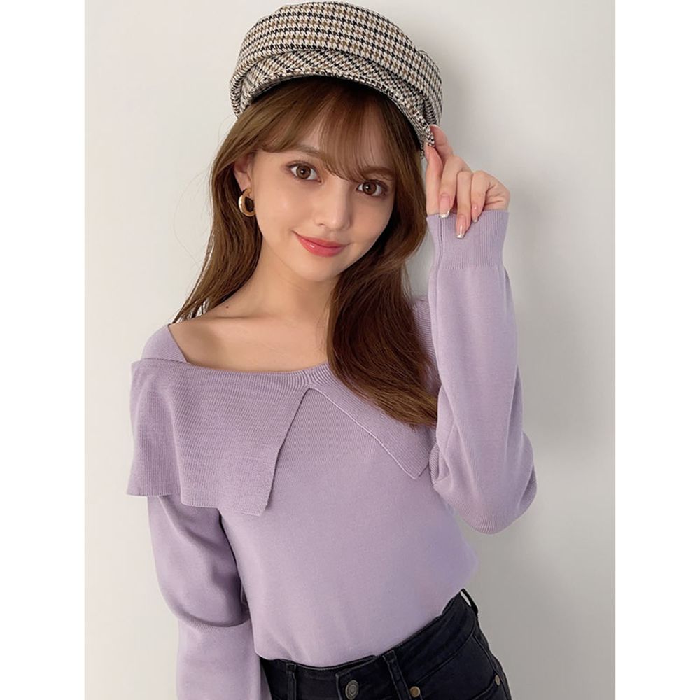 日本 GRL - 顯瘦層次大U領針織薄長袖上衣-紫
