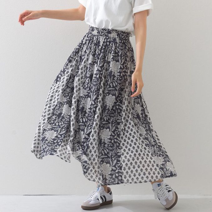 日本 OMNES - 100%印度棉 奢華印花飄逸感長裙-深藍