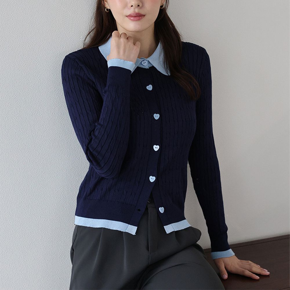 愛心扣雙色polp領麻花開襟衫-海軍藍