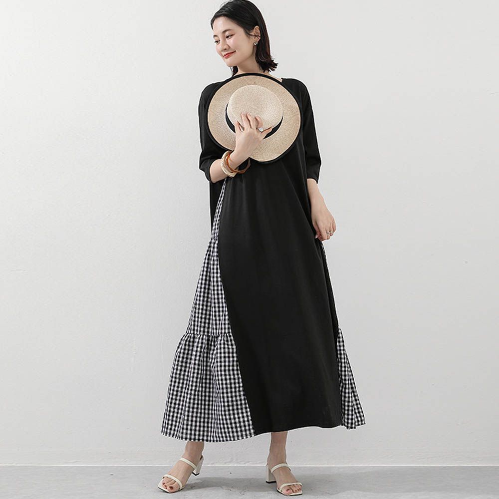 氣質顯瘦A字五分袖長洋裝-側拼接格子-黑色