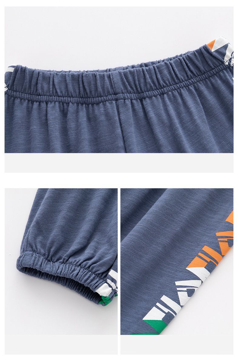 竹節棉束口長褲/防蚊褲-方形幾何-灰藍色