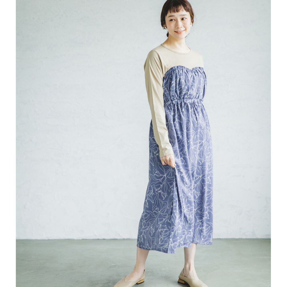 日本 PAIRMANON - 柔棉 假兩件拼接長袖洋裝-線條花朵-藍杏 (FREE)