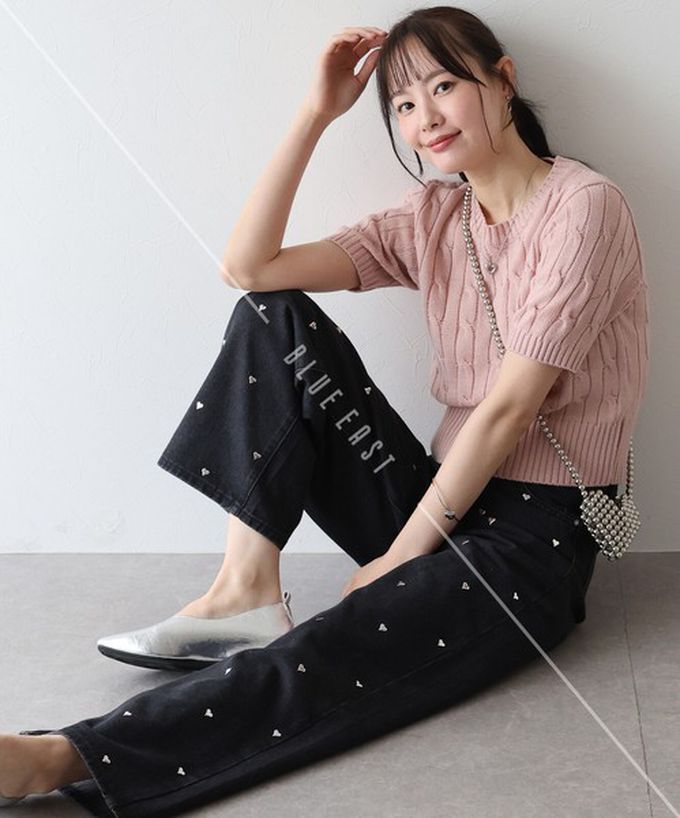 日本 BLUE EAST - 滿版愛心鉚釘高腰丹寧寬褲-淺藍