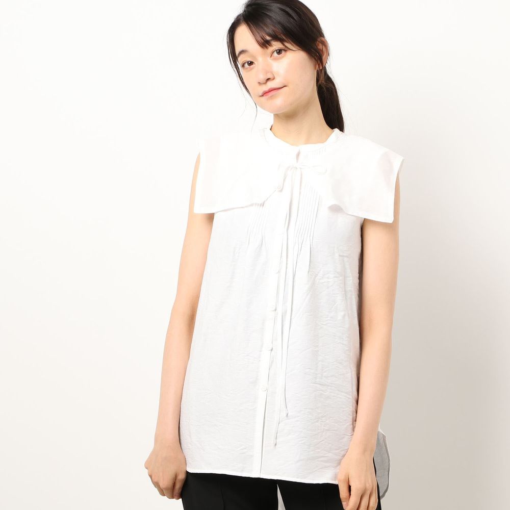 日本 Riche Glamour - 輕薄無袖襯衫+綁帶大領片兩件組-白