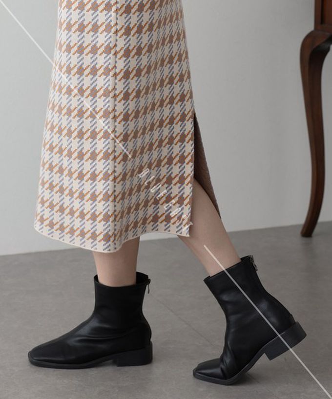 日本 BLUE EAST - 氣質千鳥格針織開叉合身長裙-黑灰